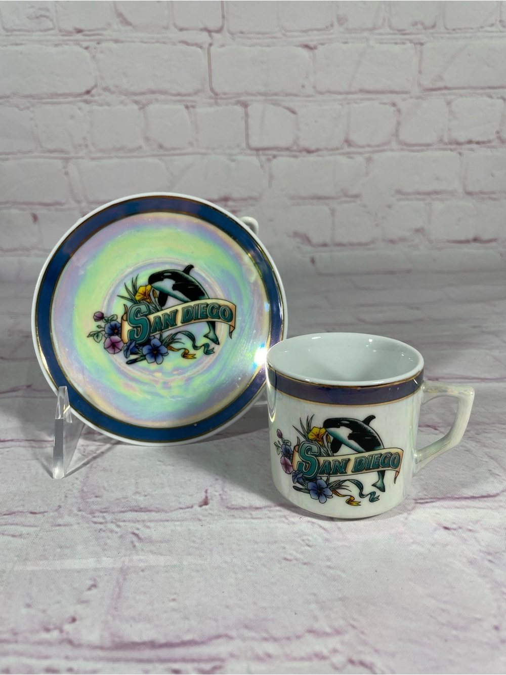 Vintage San Diego Orca Killer Whale Floral Iridescent Porcelain Cup and Saucer